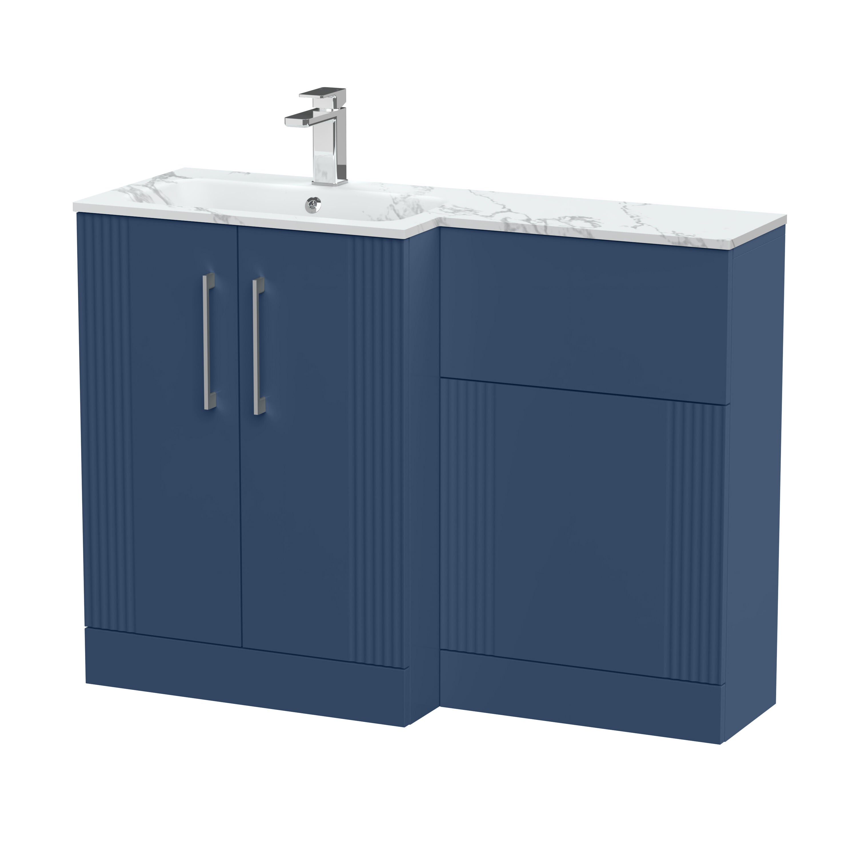 nuie Deco 1100mm Left-Hand 2 Door Satin Blue Floor Standing Combination Unit With Stone Basin