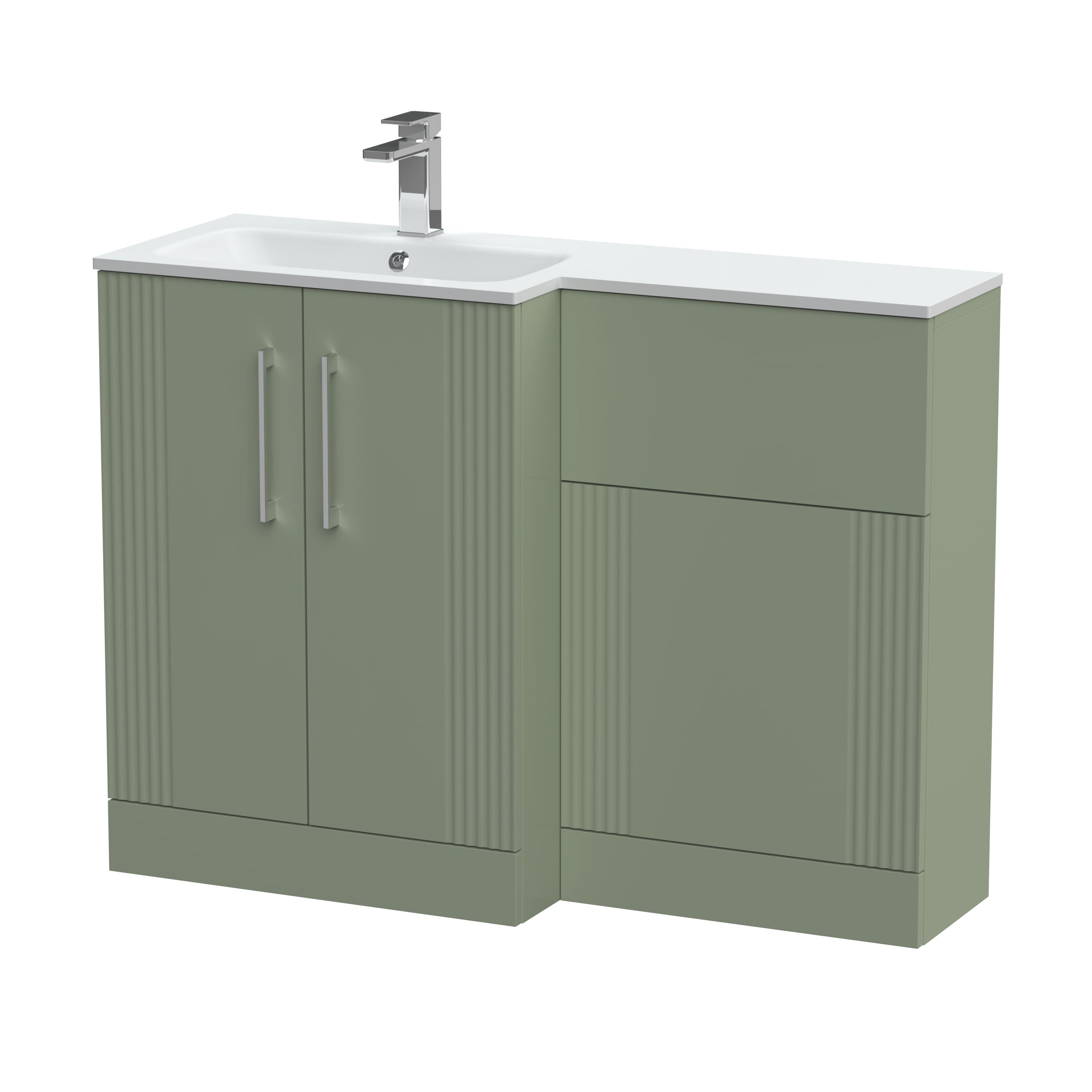 nuie Deco 1100mm Left-Hand 2 Door Satin Green Floor Standing Combination Unit With Stone Basin