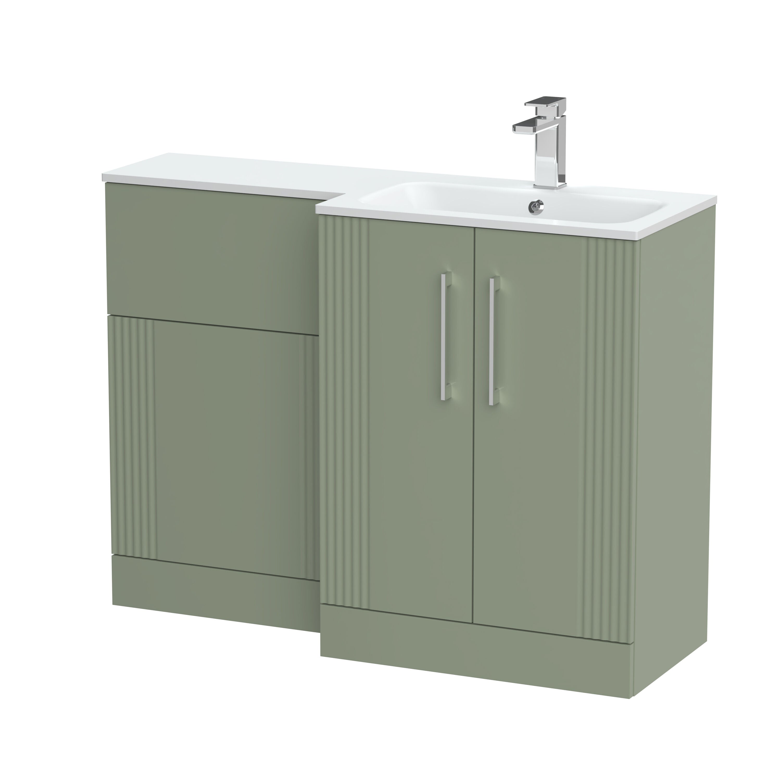 nuie Deco 1100mm Right-Hand 2 Door Satin Green Floor Standing Combination Unit With Stone Basin