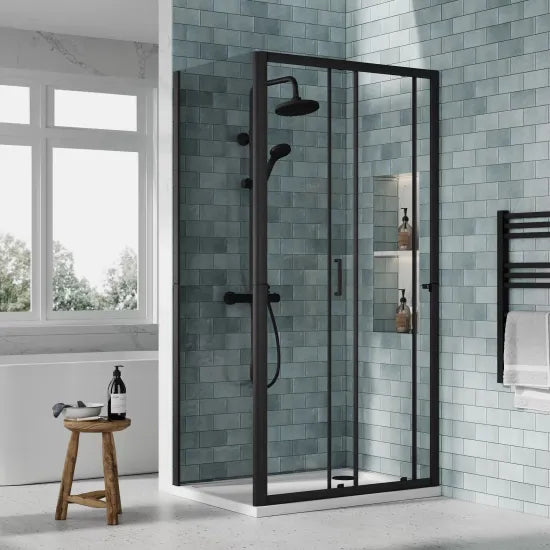 Rene Sliding Shower Door, Side Panel & Tray Pack Matt Black