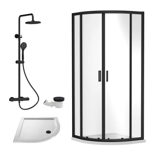 Rene 800mm Quadrant Shower Enclosure, Tray & Round Shower Package - Matt Black