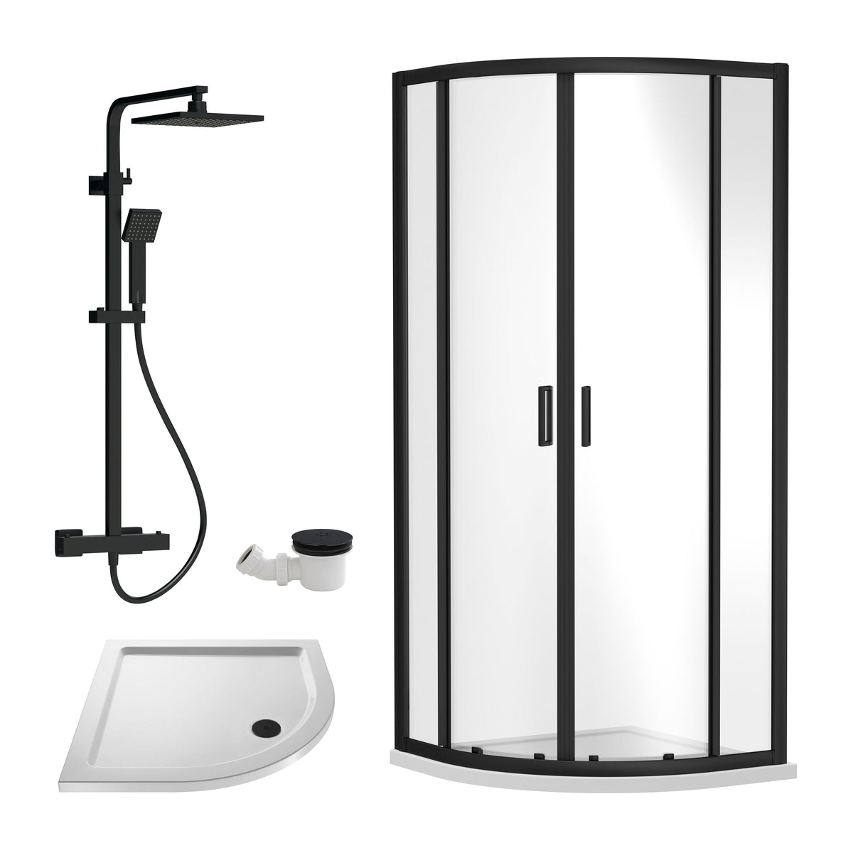 Rene 900mm Quadrant Shower Enclosure, Tray & Round Thermostatic Shower Package - Matt Black