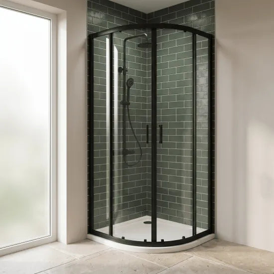 Rene 900mm Quadrant Shower Enclosure, Tray & Round Thermostatic Shower Package - Matt Black