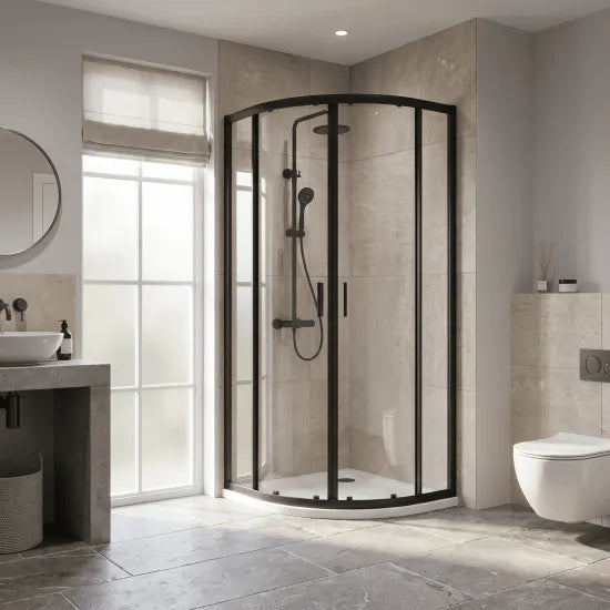 Rene 900mm Quadrant Shower Enclosure, Tray & Round Thermostatic Shower Package - Matt Black