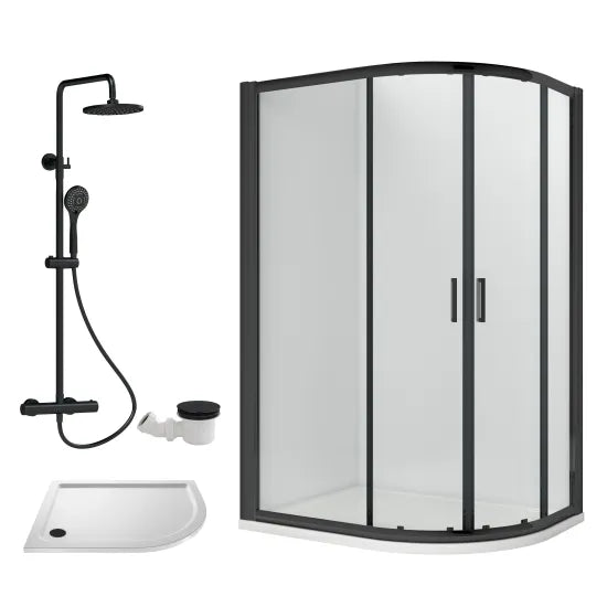 Rene 1000 x 800mm Right Hand Offset Quadrant Shower Enclosure, Tray & Round Thermostatic Shower Package - Matt Black