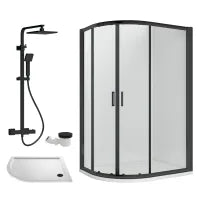 Rene 1000 x 800mm Right Hand Offset Quadrant Shower Enclosure, Tray & Round Thermostatic Shower Package - Matt Black