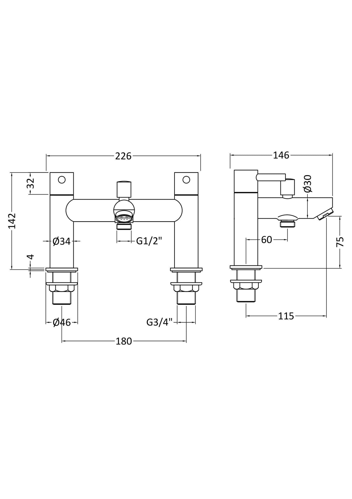 nuie Series Two Chrome Bath Shower Mixer - Technical drawing