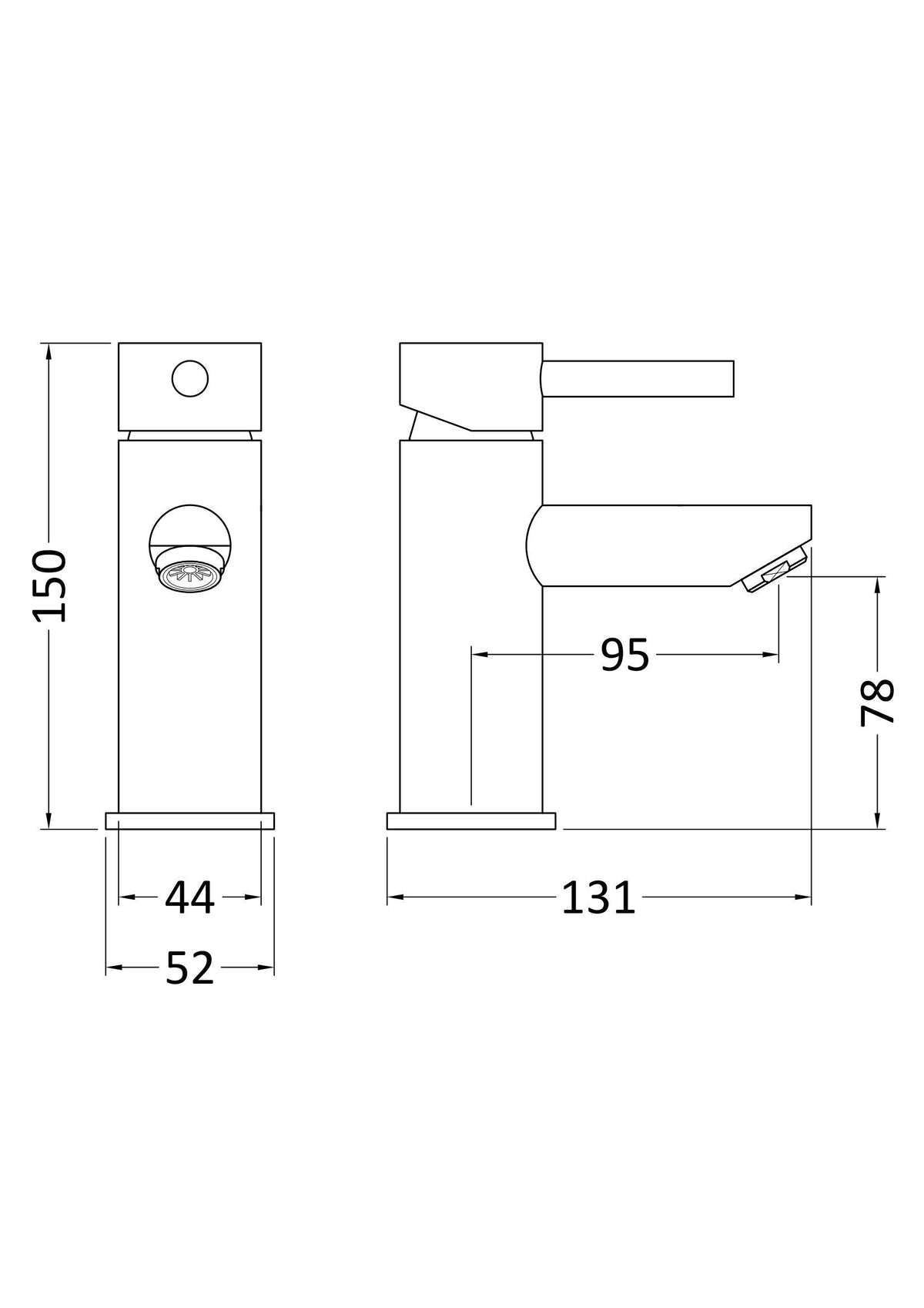 nuie Series Two Chrome Mono Basin Mixer With Push Button Waste - Technical drawing