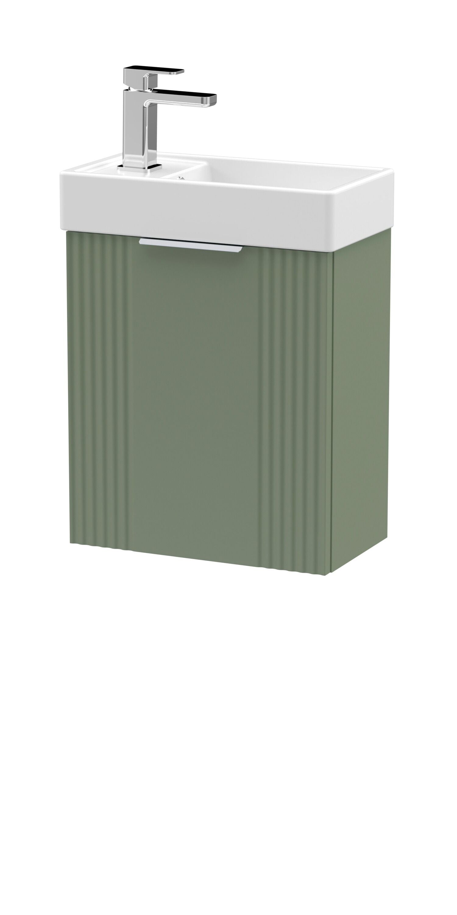 nuie Deco Compact 400mm Satin Green 1 Door Wall Hung Vanity Unit With Ceramic Basin