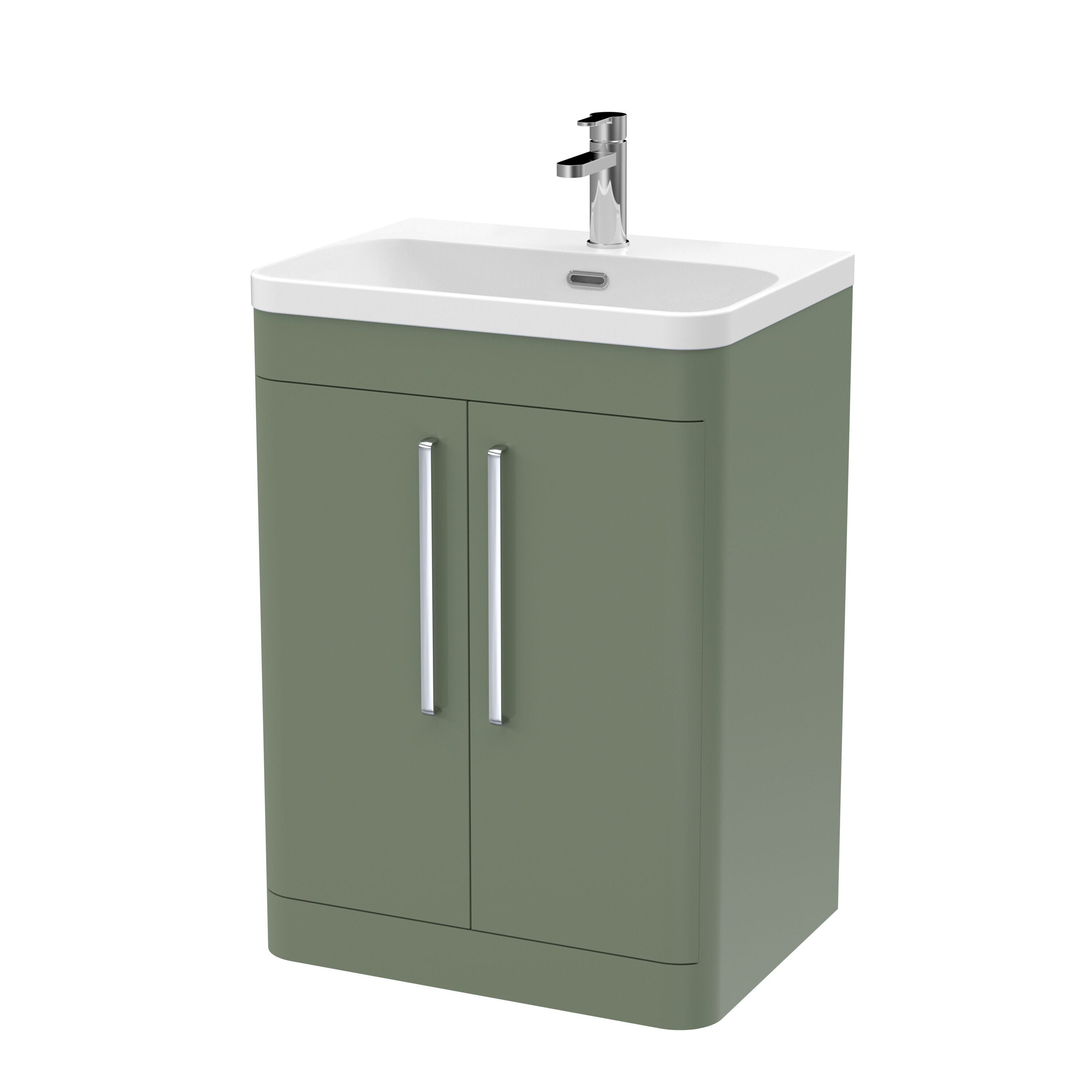 nuie Parade 600mm Satin Green 2 Door Floor Standing Vanity Unit With Thin Edge Basin