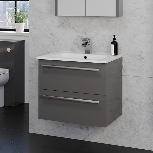 Purity 600mm 2 Drawer Wall Mounted Unit Storm Grey Gloss - FUR026PU - FUR026PU 1