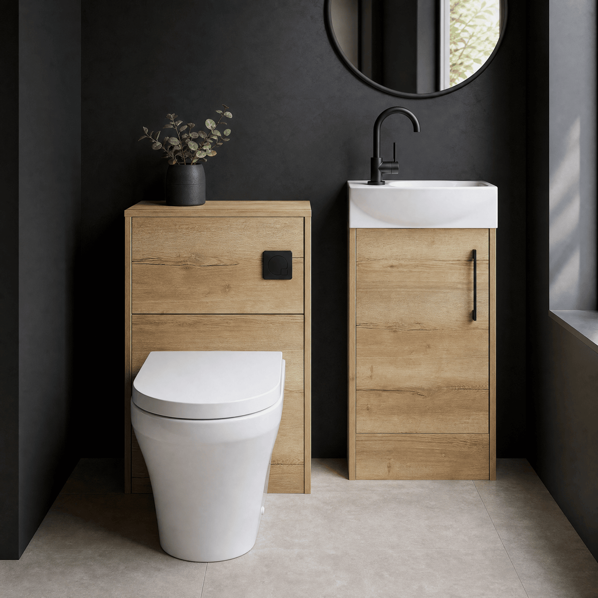 Modern 440mm Floor Standing Cloakroom Package - Autumn Oak
