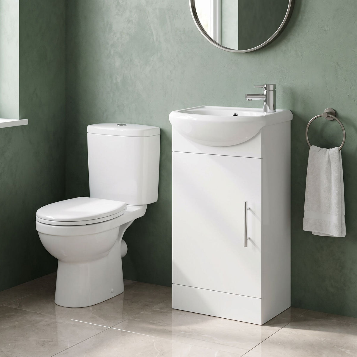 Compact 420mm Floor Standing Cloakroom Package - Gloss White