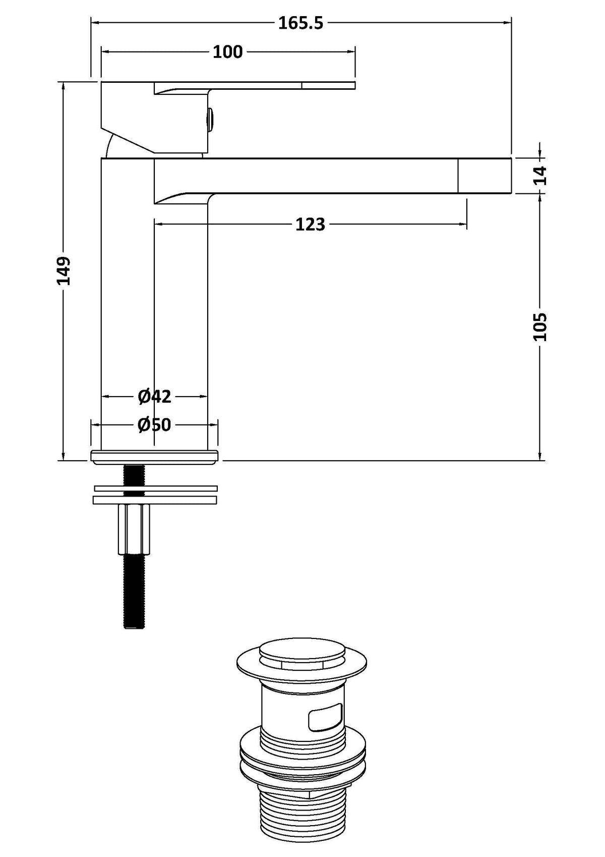 nuie choice Halstatt Brushed Brass Mono Basin Mixer With Push Button Waste - Technical drawing