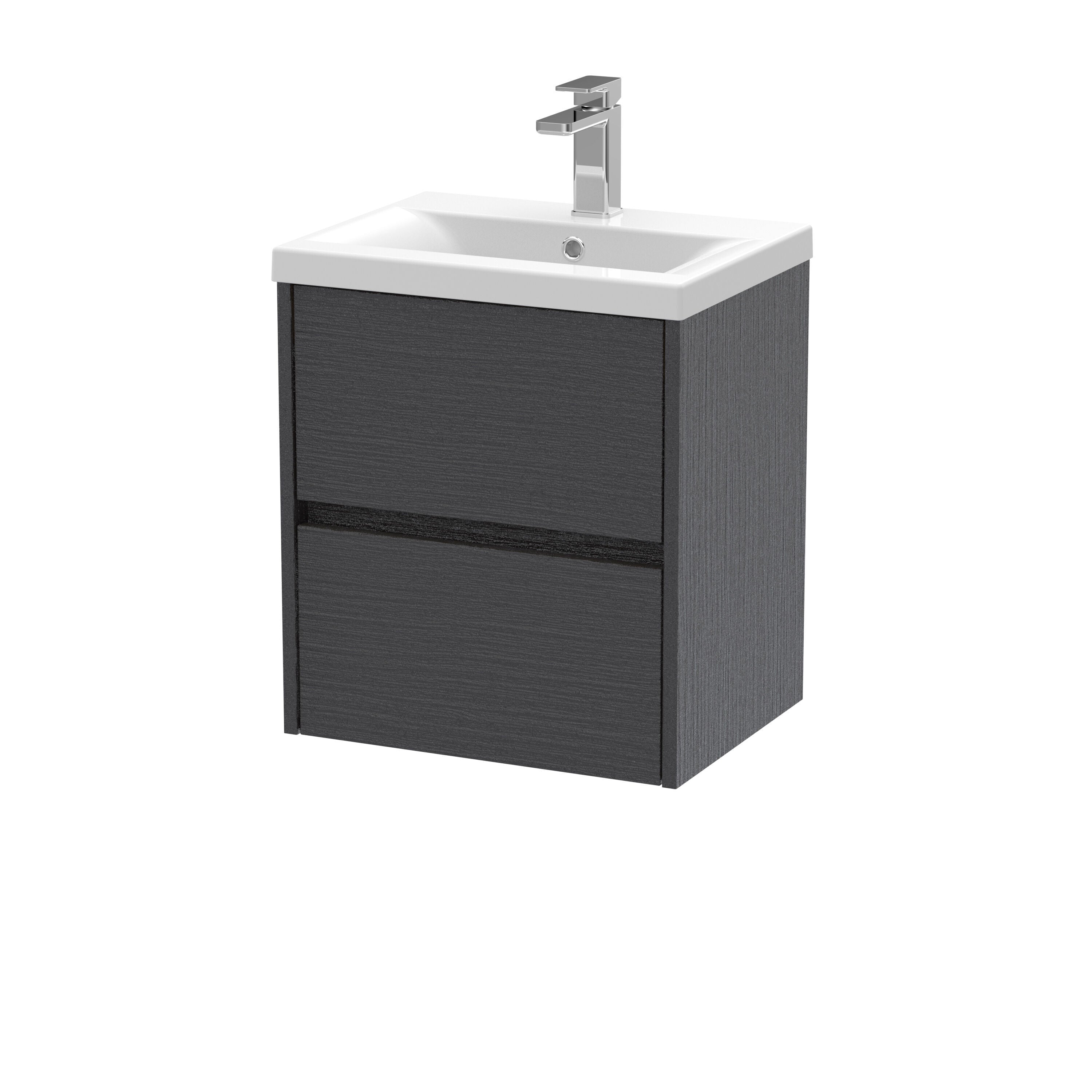 nuie Havana 500mm Graphite Grey Woodgrain 2 Drawer Wall Hung Vanity Unit With Mid-Edge Basin