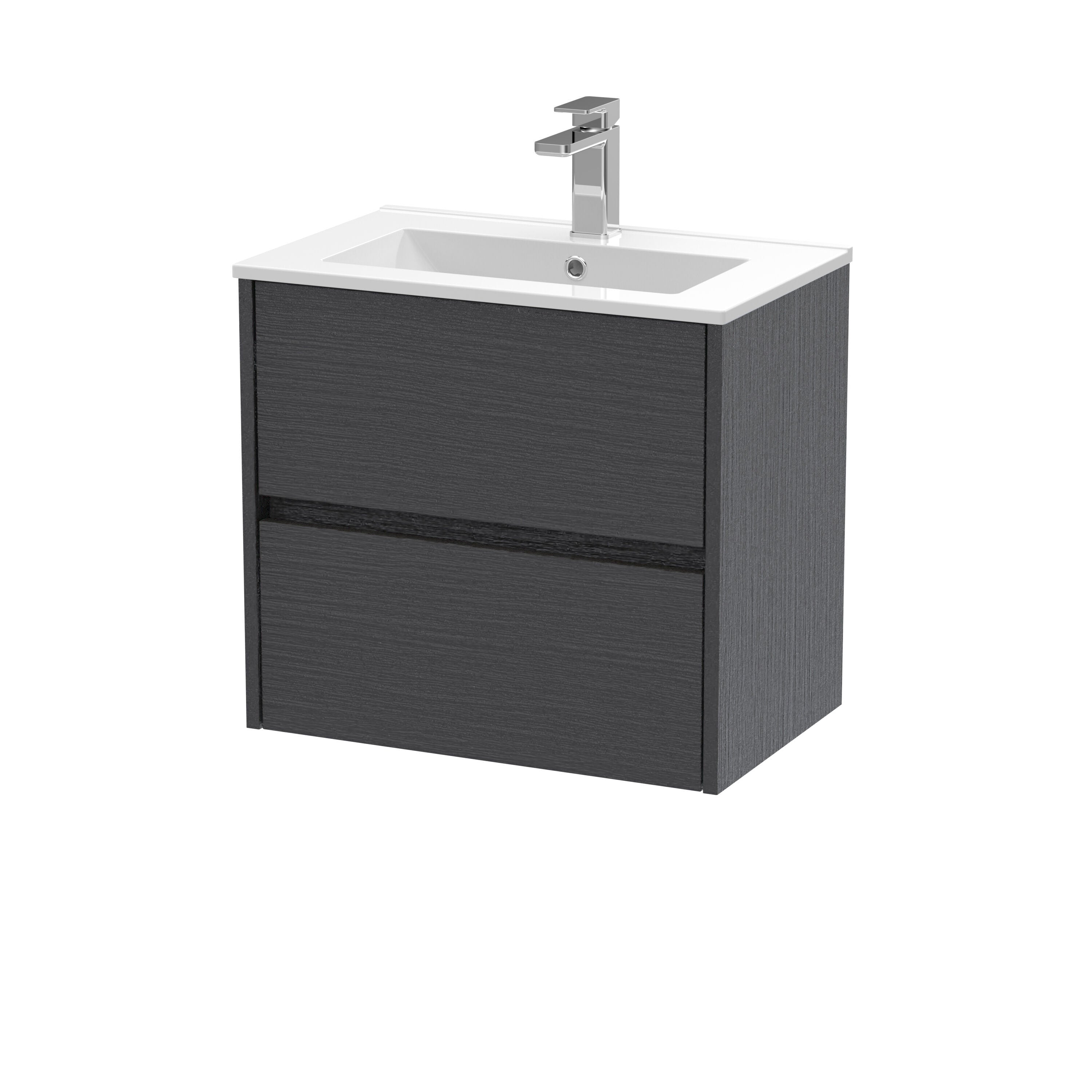 nuie Havana 600mm Graphite Grey Woodgrain 2 Drawer Wall Hung Vanity Unit With Minimalist Basin