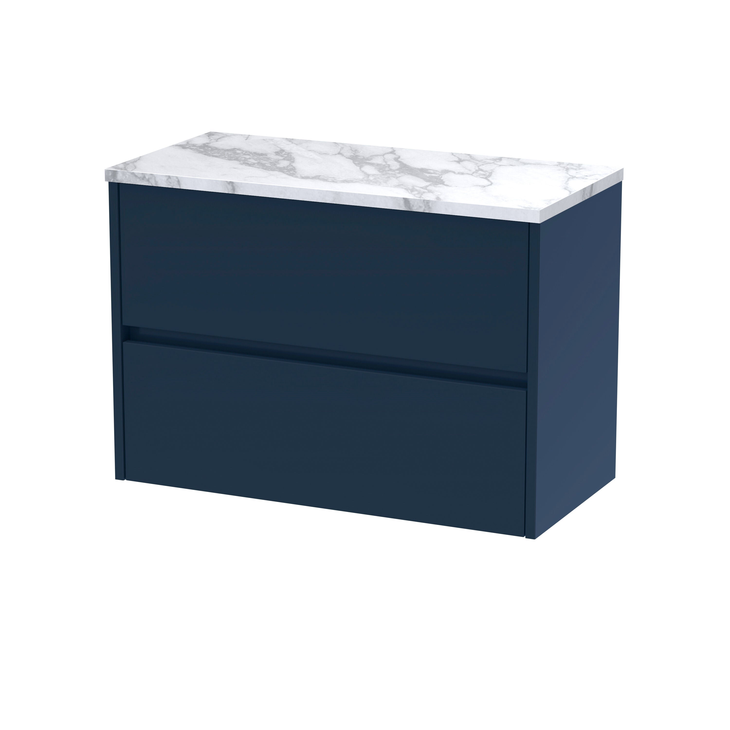nuie Havana 800mm Midnight Blue 2 Drawer Wall Hung Vanity Unit With Carrara Laminate Worktop