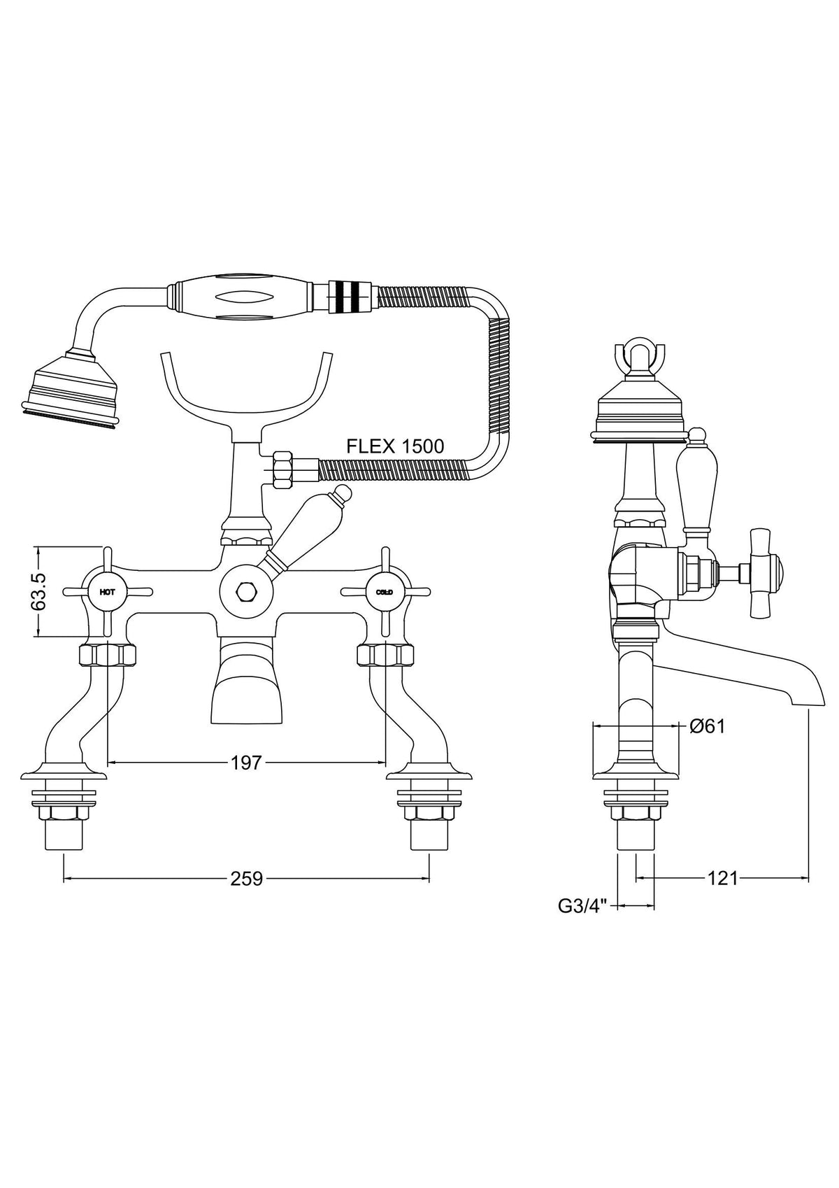 nuie Beaumont Chrome 3/4" Cranked Bath Shower Mixer - Technical drawing