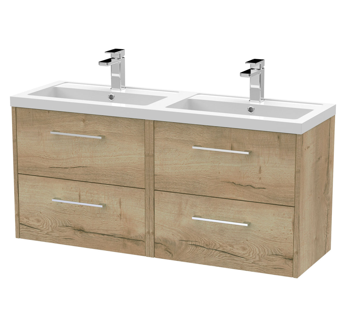 Hudson Reed Juno 1200mm 4 Drawer Wall Hung Vanity Unit With 2 Tap Hole Polymarble basin