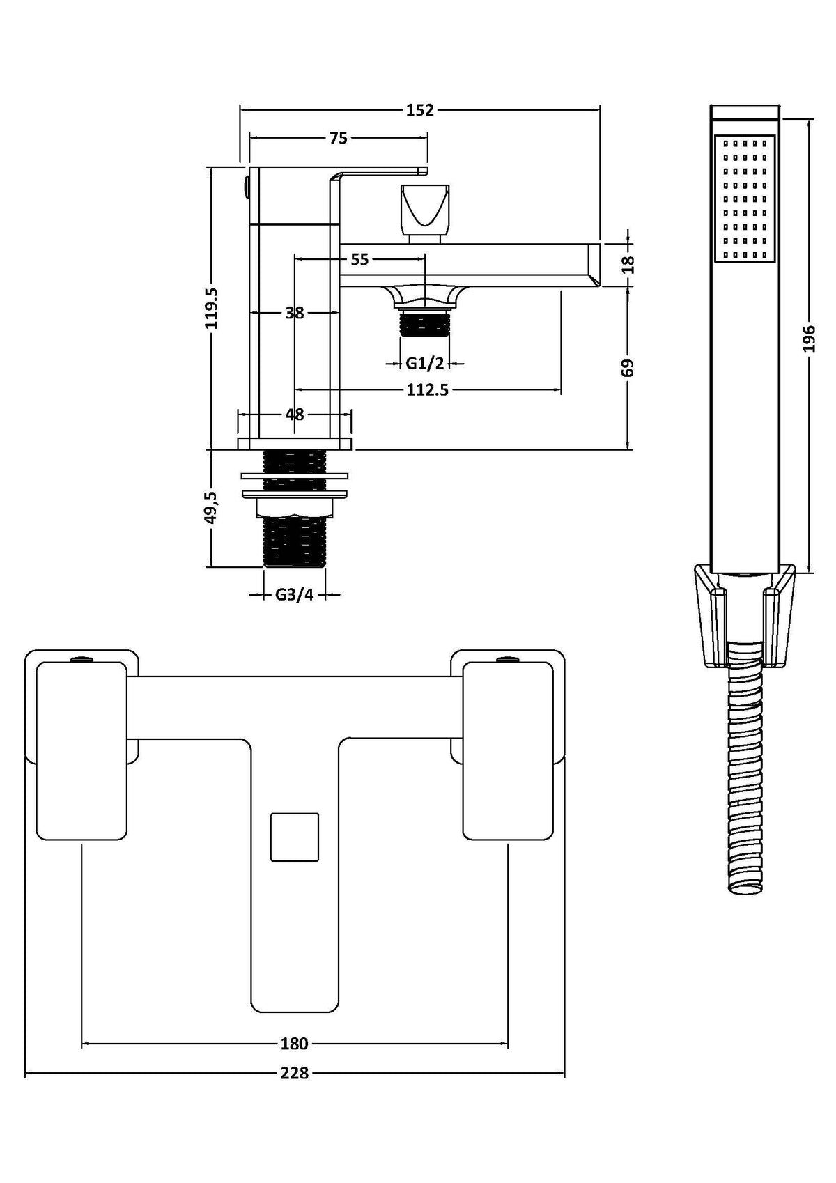 nuie choice Kalk Chrome Bath Shower Mixer - Technical drawing