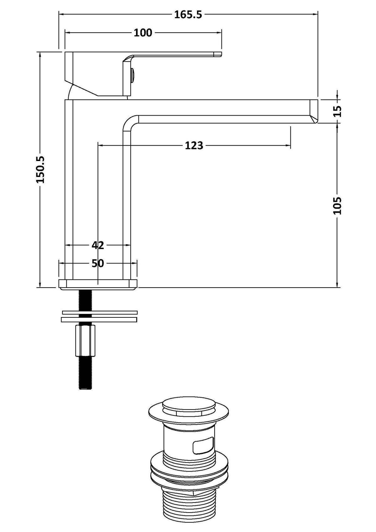 nuie choice Kalk Chrome Mono Basin Mixer With Push Button Waste - Technical drawing