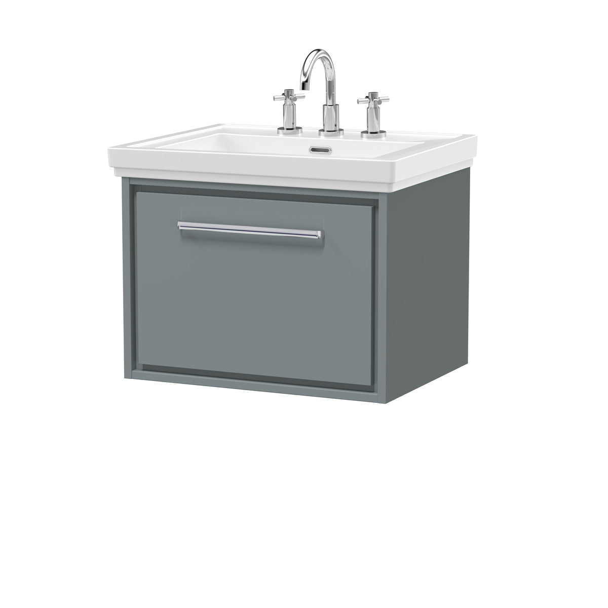 Hudson Reed Lille 600mm Woodgrain 1 Drawer Wall Hung Vanity Unit With 3 Tap Holes Fireclay Basin