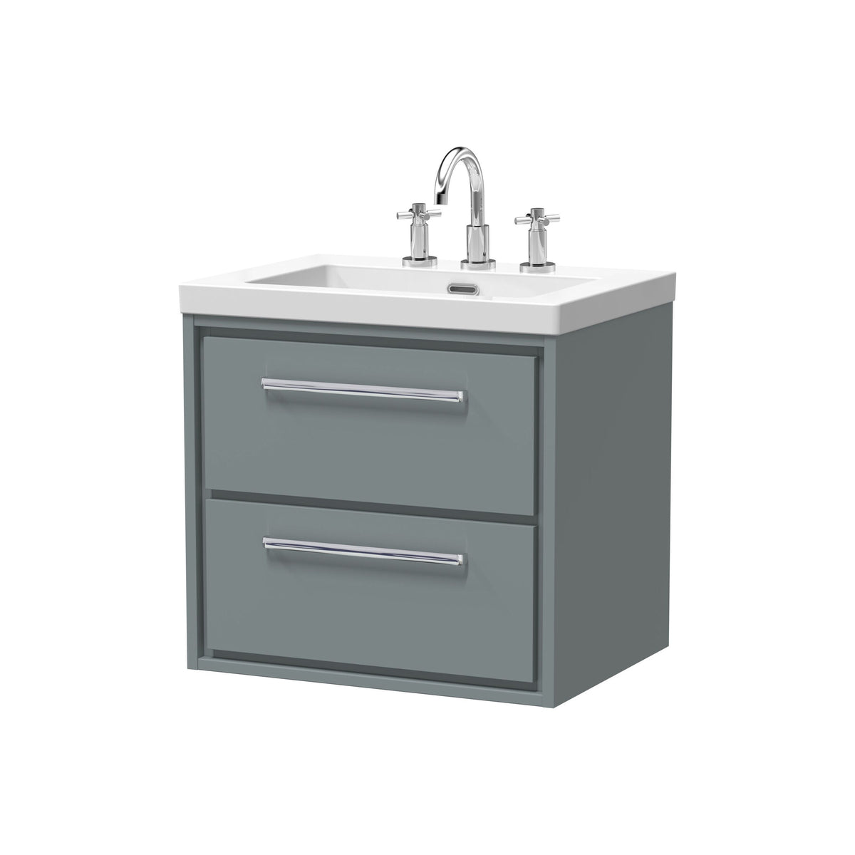 Hudson Reed Lille 600mm Woodgrain 2 Drawer Wall Hung Vanity Unit With 3 Tap Holes Fireclay Basin