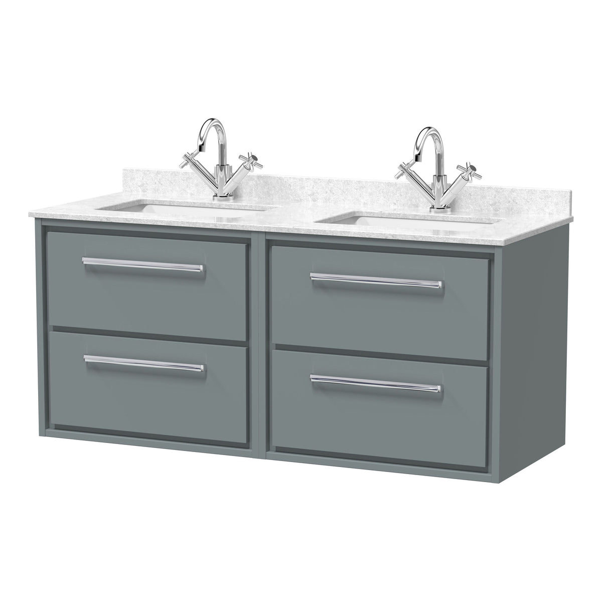 Hudson Reed Lille 1200mm Woodgrain 4 Drawer Wall Hung Vanity With Twin Marble Basin