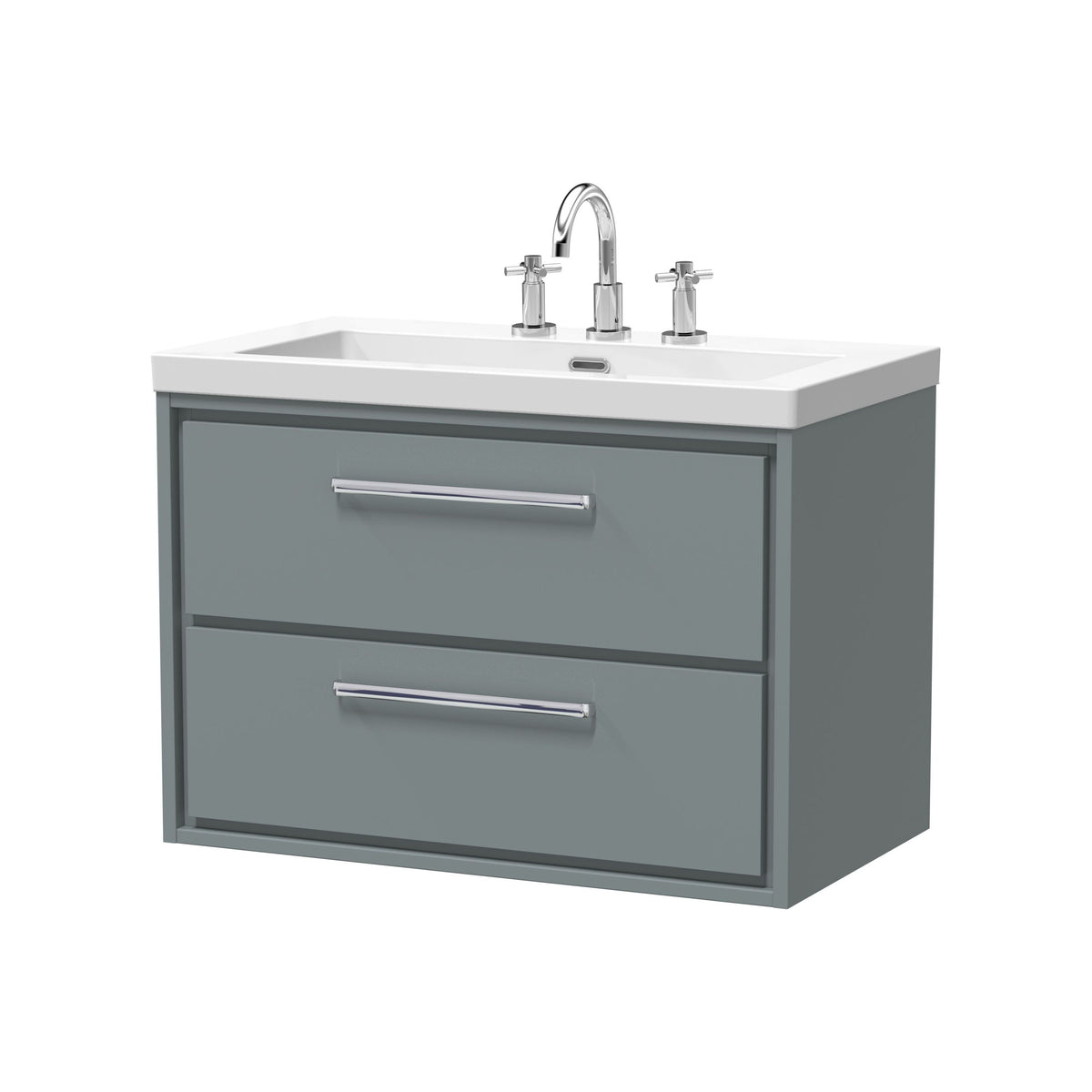 Hudson Reed Lille 800mm Woodgrain 2 Drawer Wall Hung Vanity Unit With 3 Tap Holes Fireclay Basin