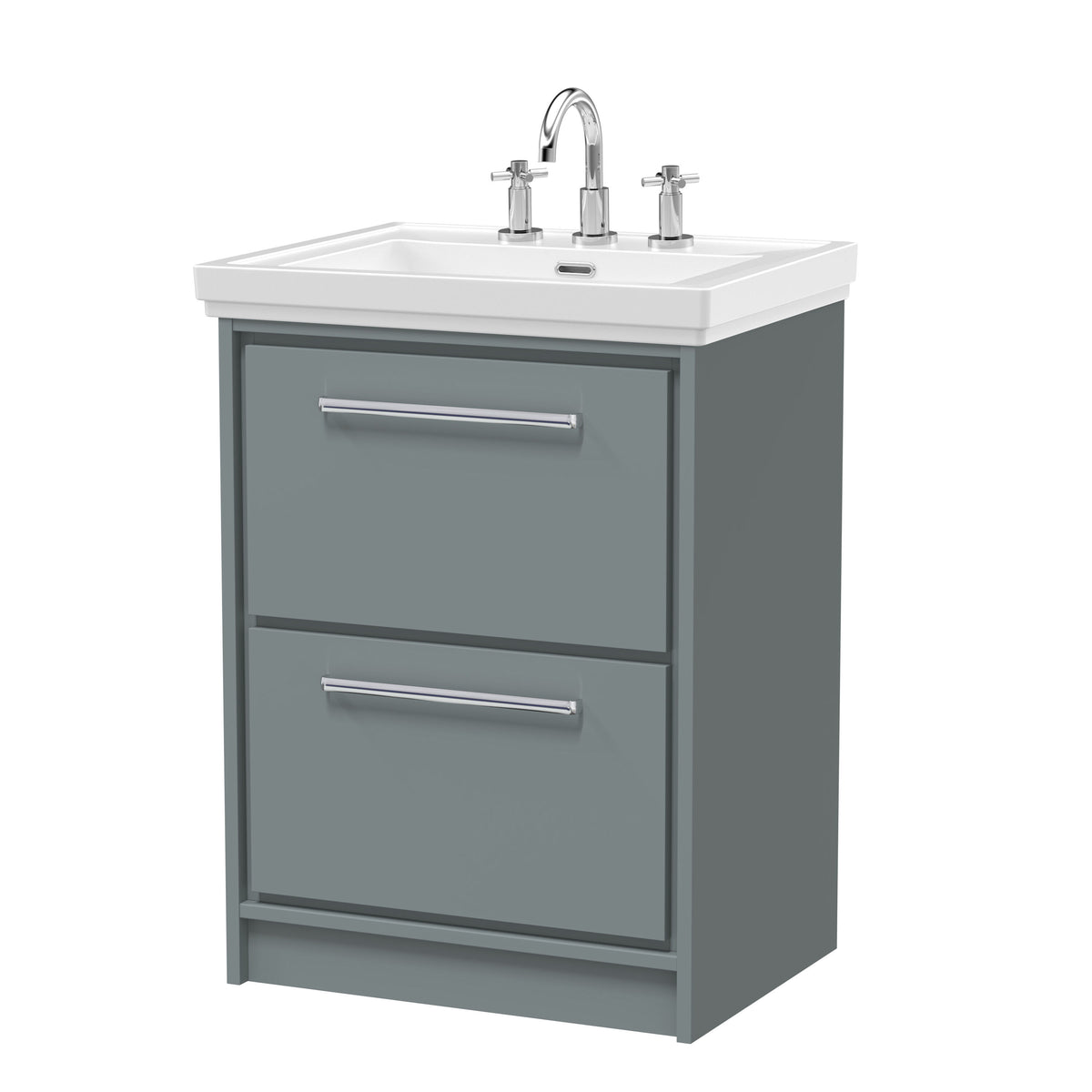 Hudson Reed Lille 600mm Woodgrain 2 Drawer Floor Standing Vanity Unit With 3 Tap Holes Fireclay Basin