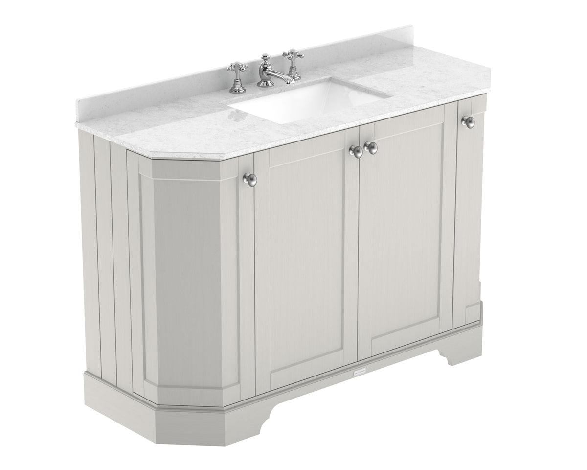 Old London 1200mm 4 Door Floor Standing Angled Vanity Unit With 3 Tap Holes White Marble Basin