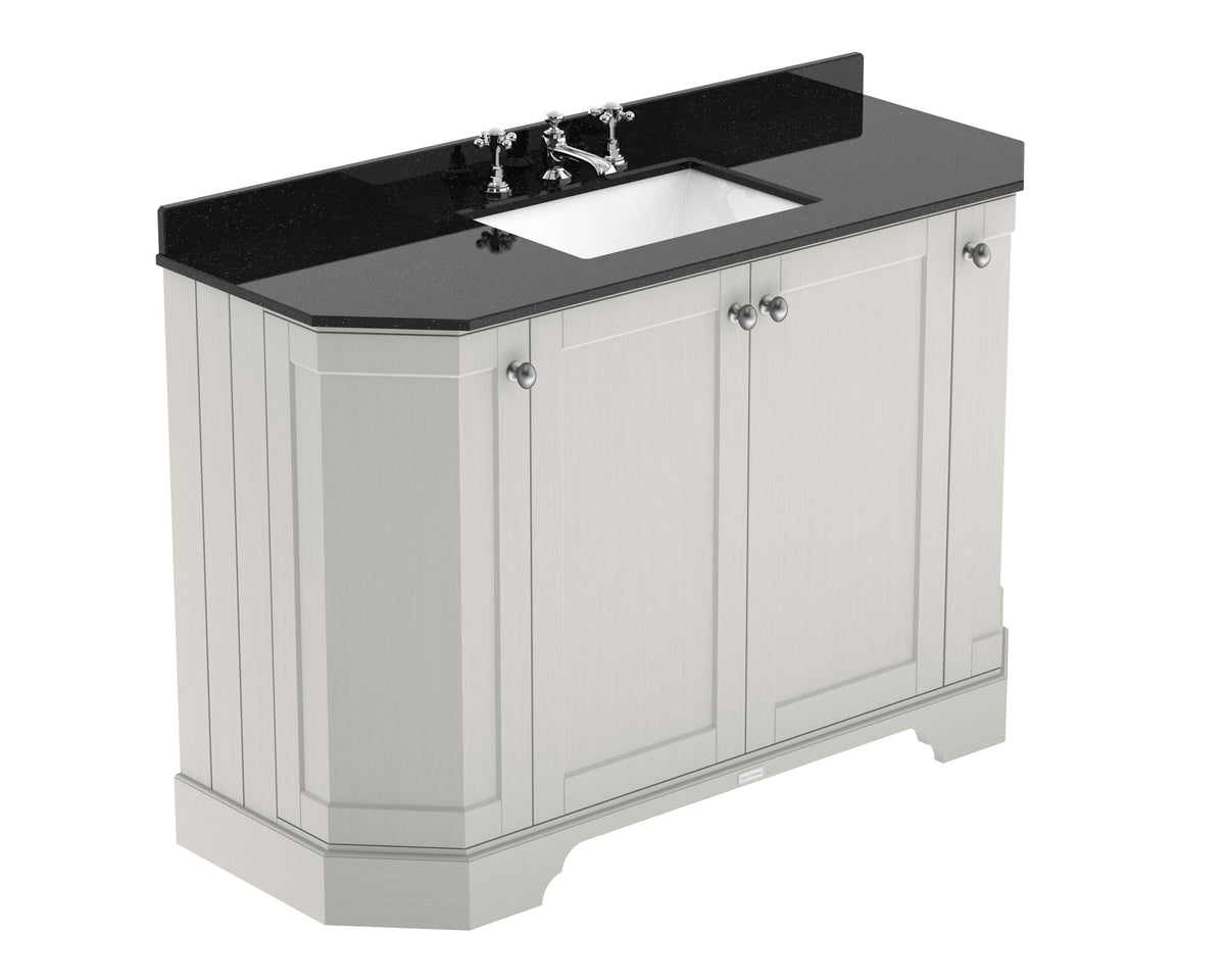 Old London 1200mm 4 Door Floor Standing Angled Vanity Unit With 3 Tap Holes Black Marble Basin