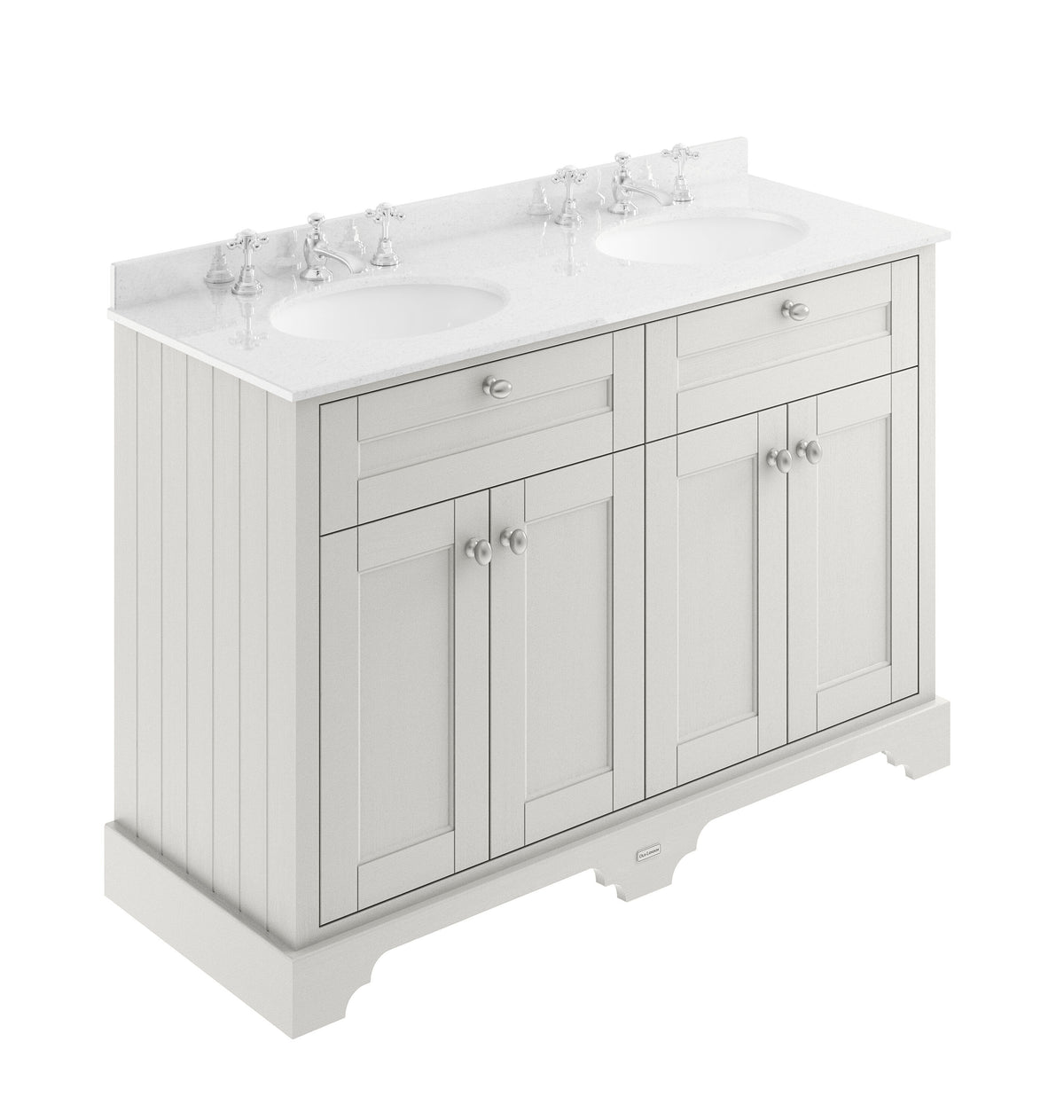 Old London 1200mm 4 Door Floor Standing Cabinet With 6 Tap Holes Twin White Marble Basin