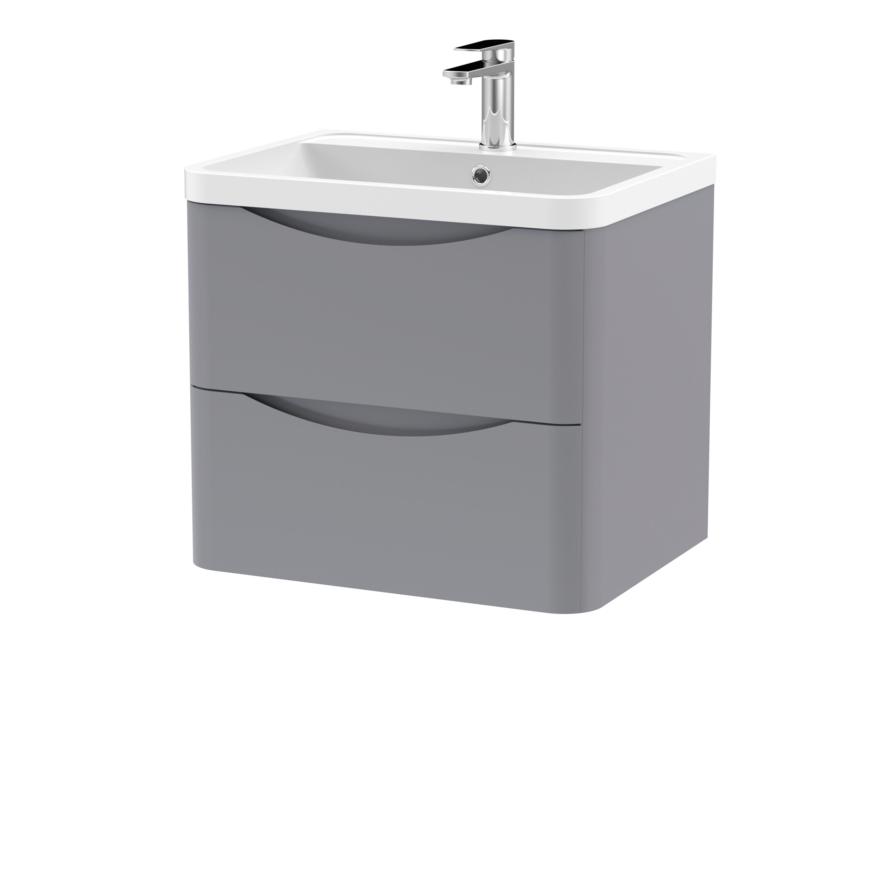 nuie Lunar 600mm Satin Grey 2 Drawer Wall Hung Vanity Unit With Polymarble Basin