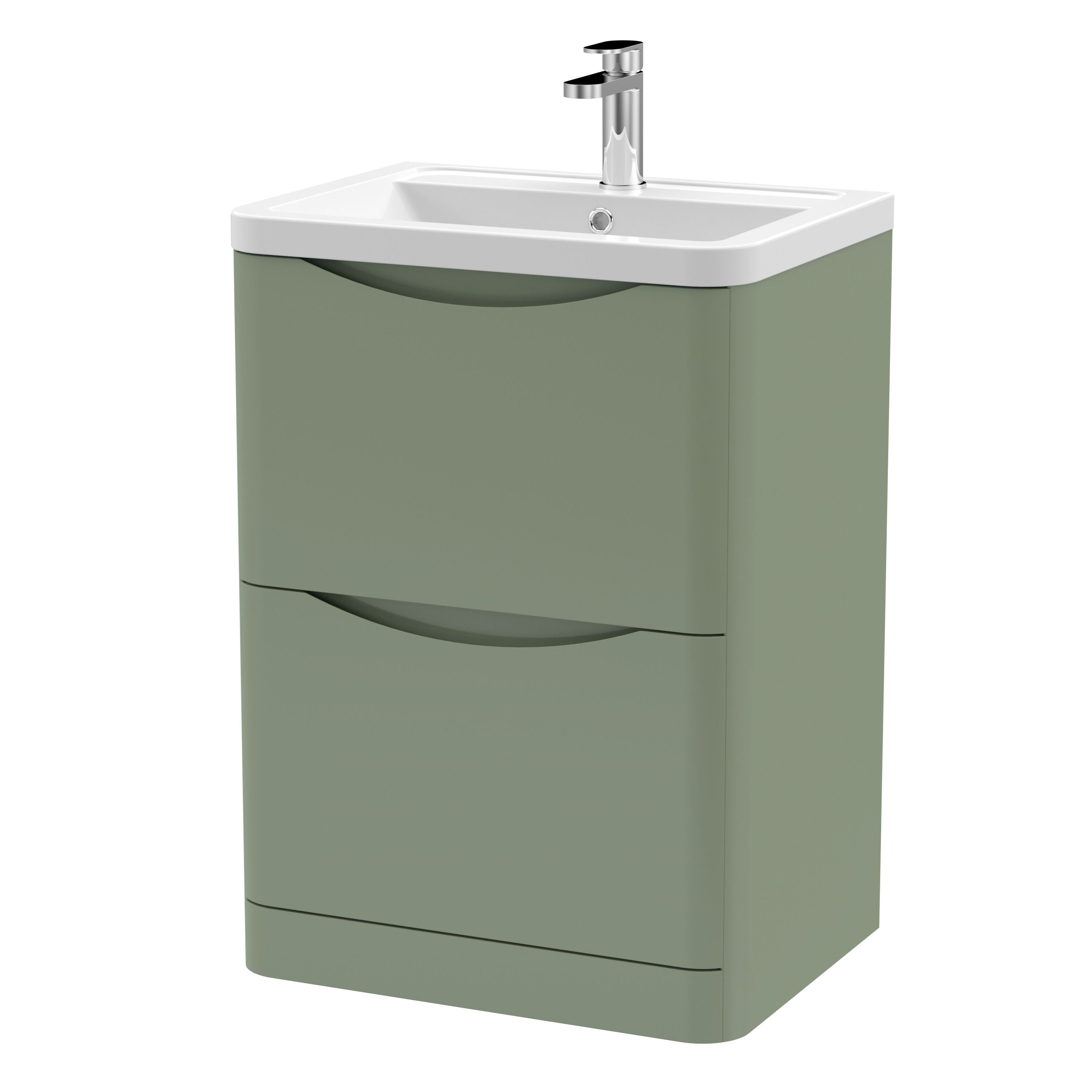nuie Lunar 600mm Satin Green 2 Drawer Floor Standing Vanity Unit With Basin