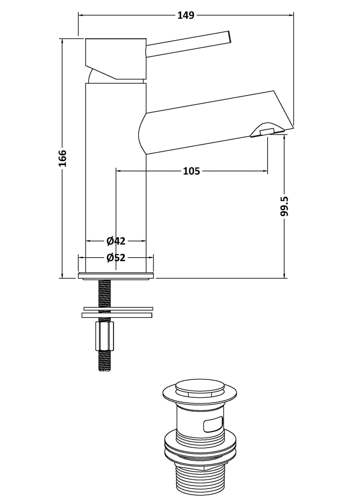nuie choice Navala Chrome Mono Basin Mixer With Push Button Waste - Technical drawing