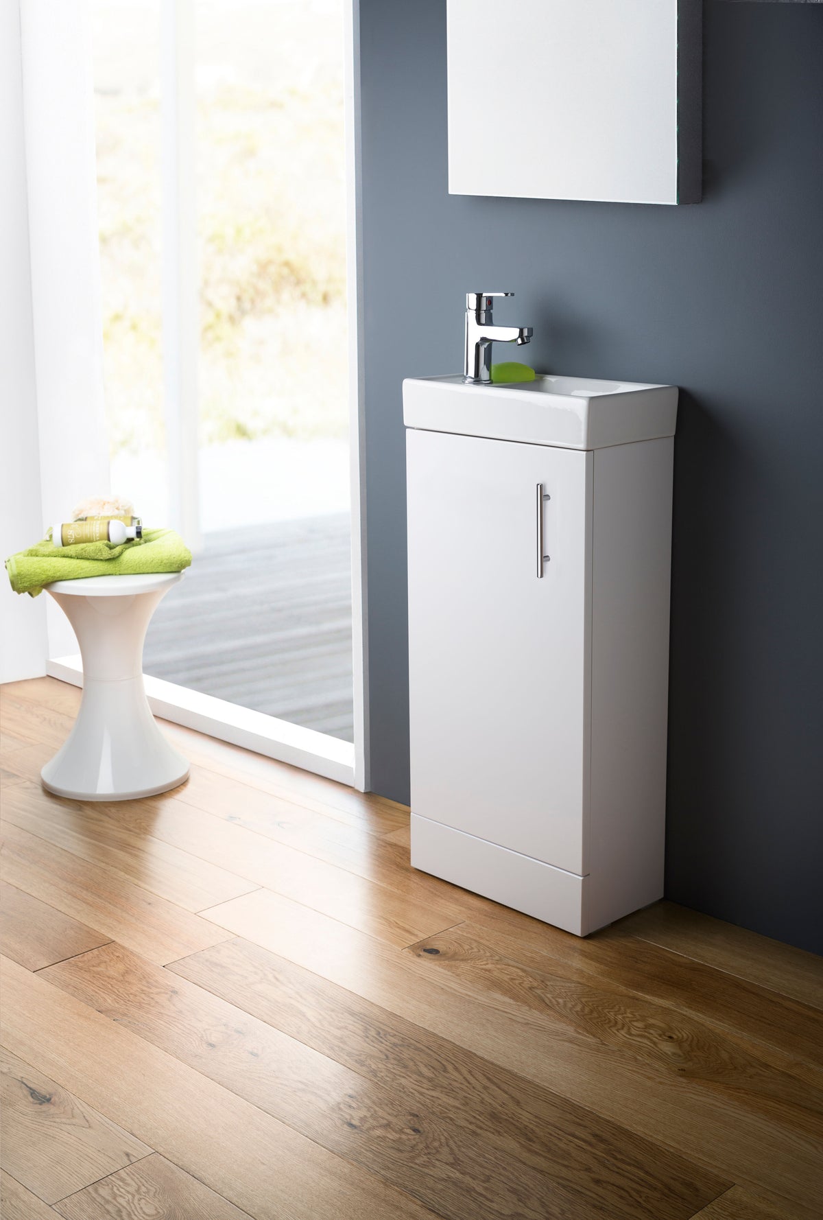 Nuie Vault 400mm Floor Standing 1 Door Compact Vanity Unit With Ceramic Basin