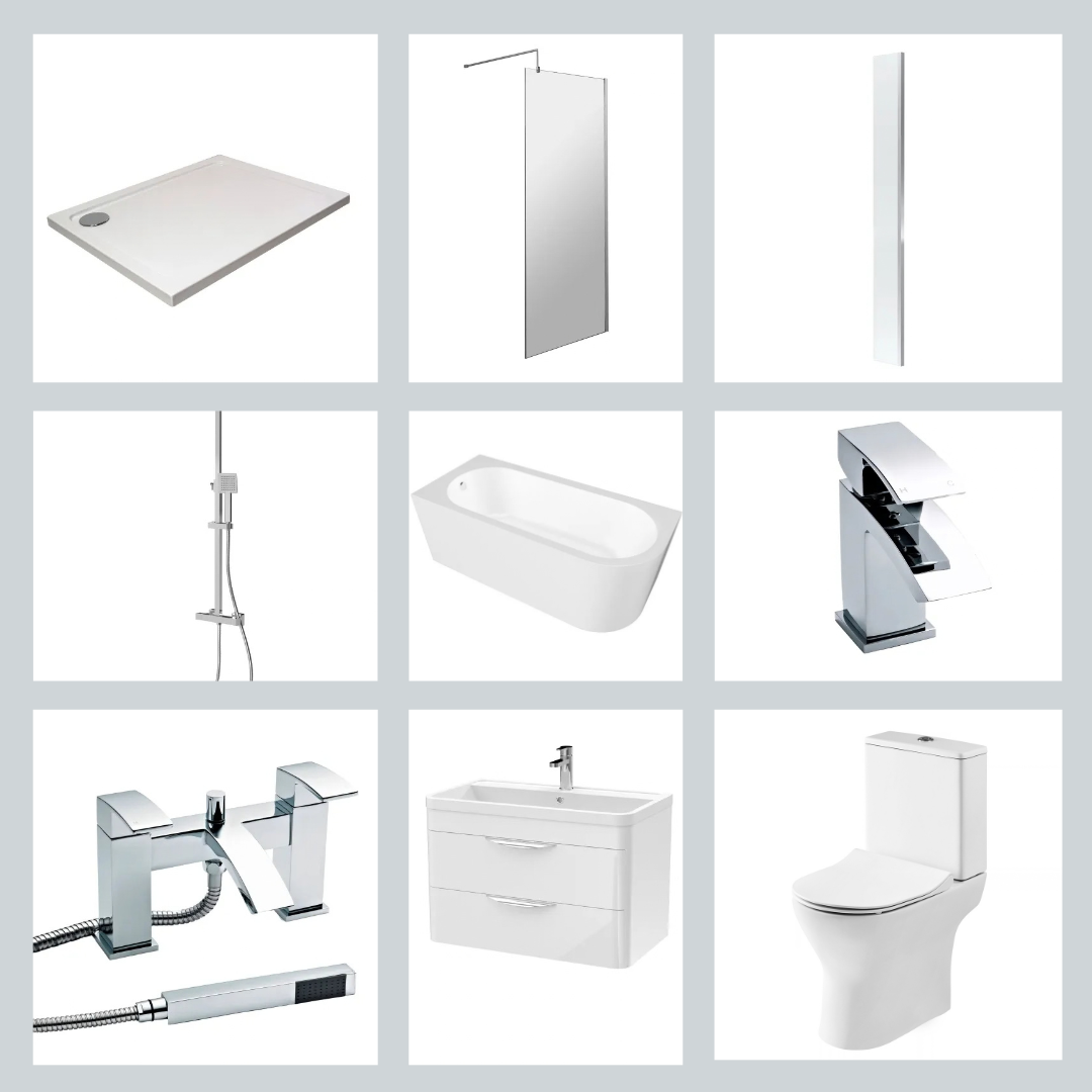 Pure Complete Bathroom Suite – 1600mm Corner Bath & 1400mm Walk-In Shower