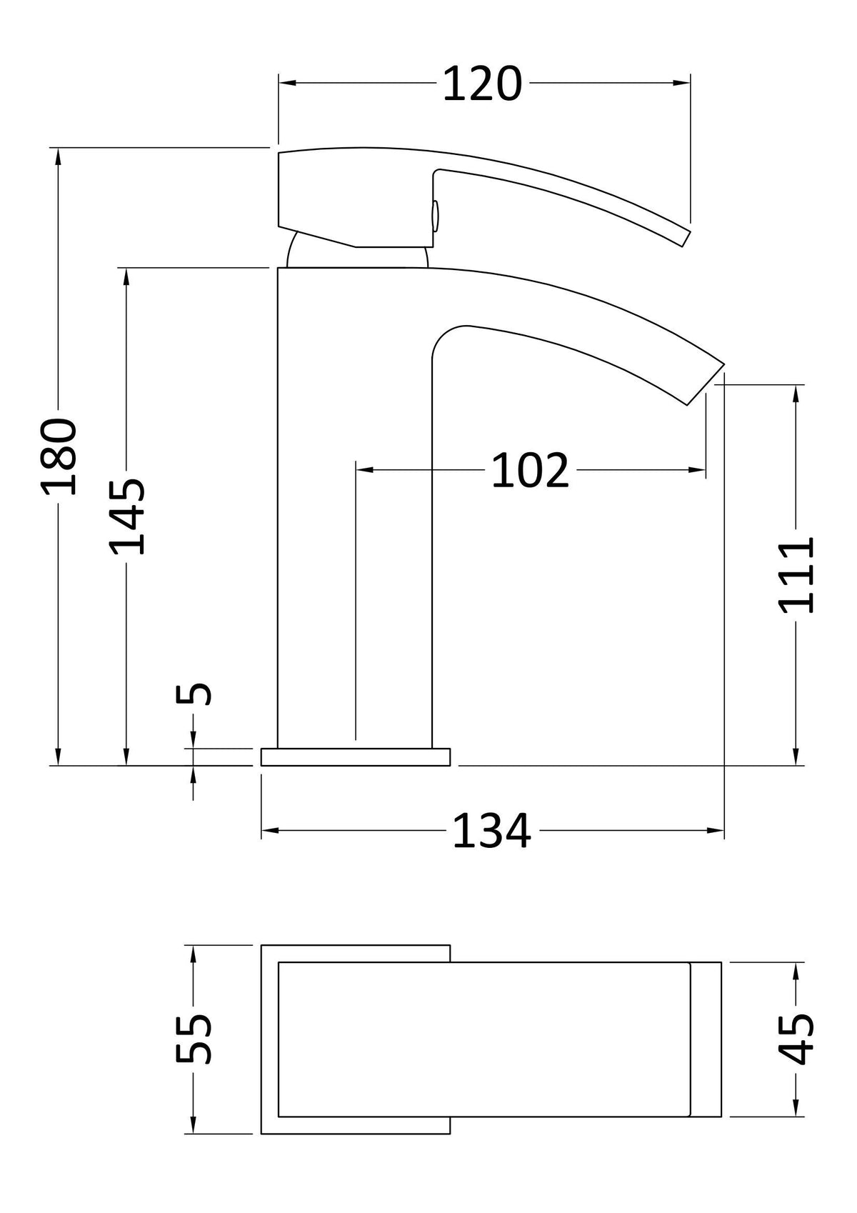 Vibe Midi Mono Basin Mixer - Technical drawing