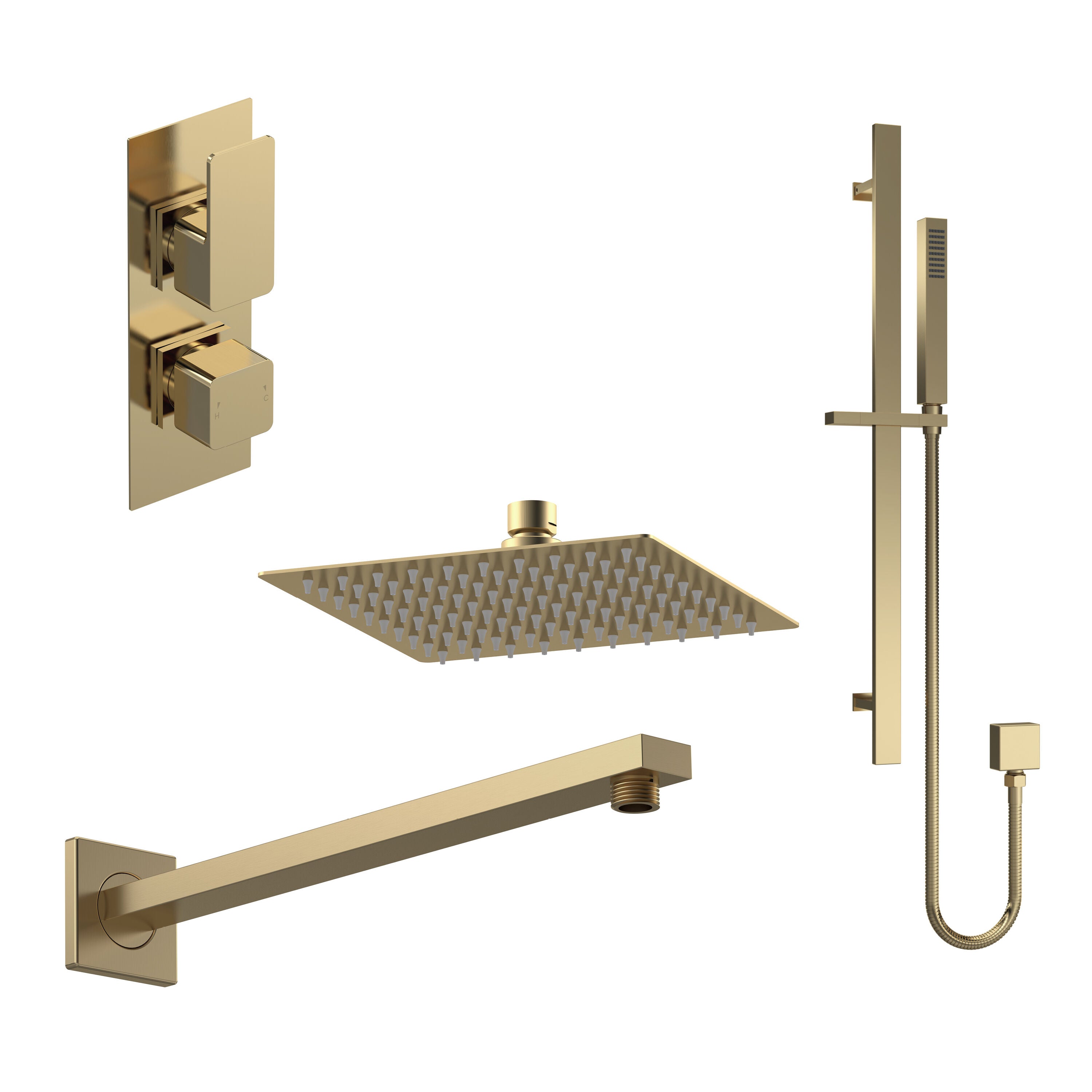 nuie Windon Brushed Brass Twin Thermostatic Valve With Diverter, Shower Arm, Fixed Shower Head And Slider Rail Kit