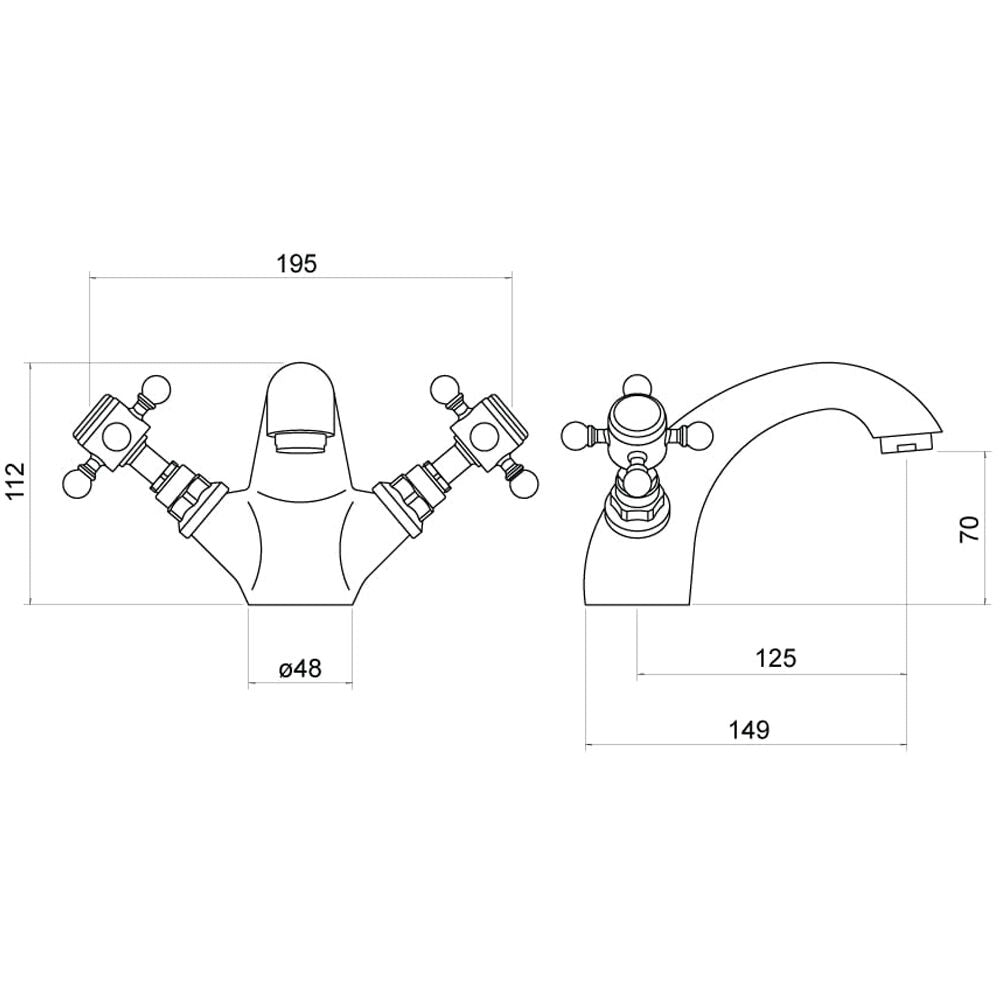 Trisen Formby Crosshead Handle Mono Basin Mixer (No Waste) - Technical drawing