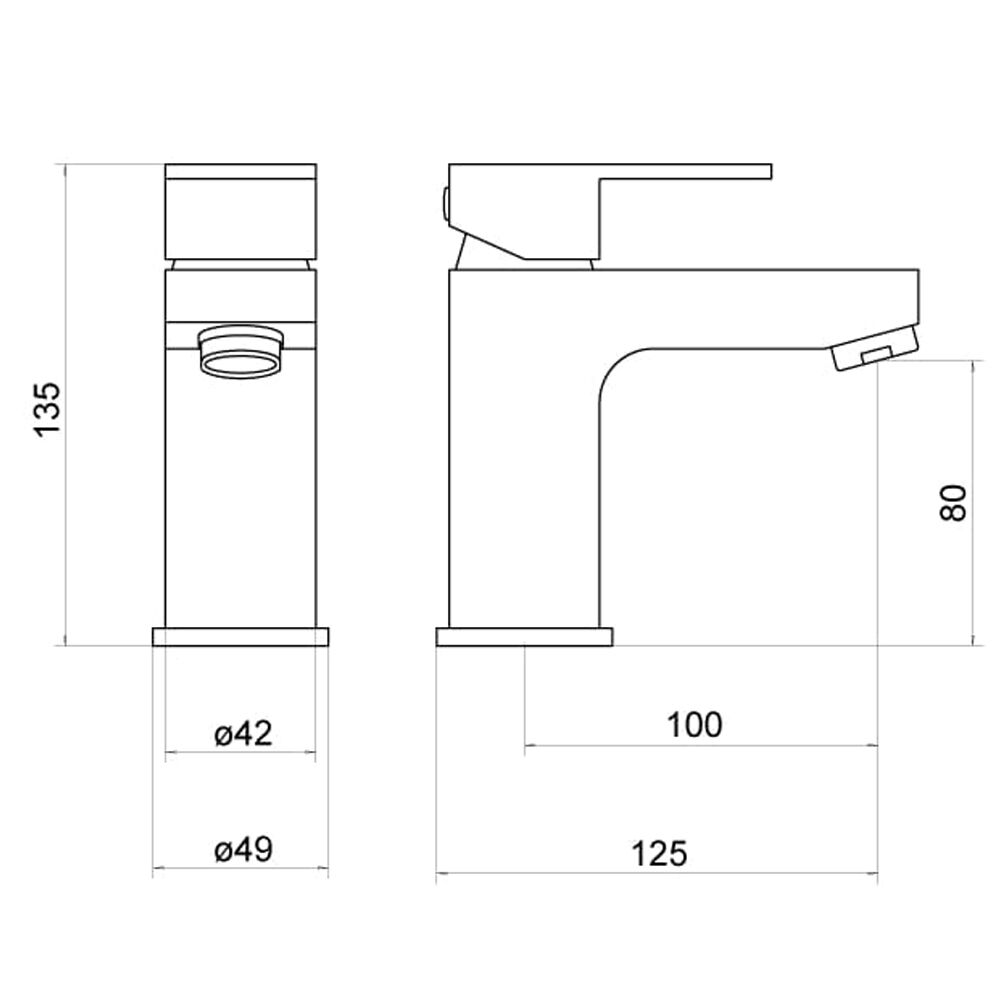 Trisen Black Mono Basin Mixer With Black Lever - Technical drawing