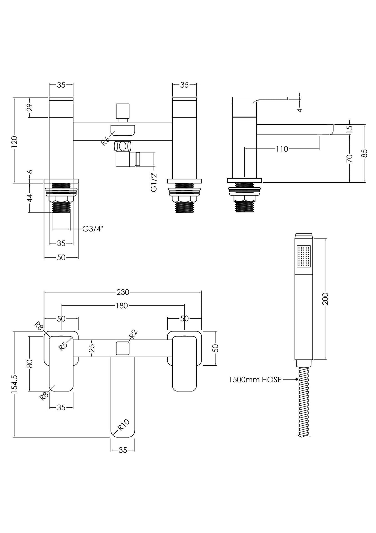 nuie Windon Chrome Deck Mounted Bath Shower Mixer With Kit - Technical drawing