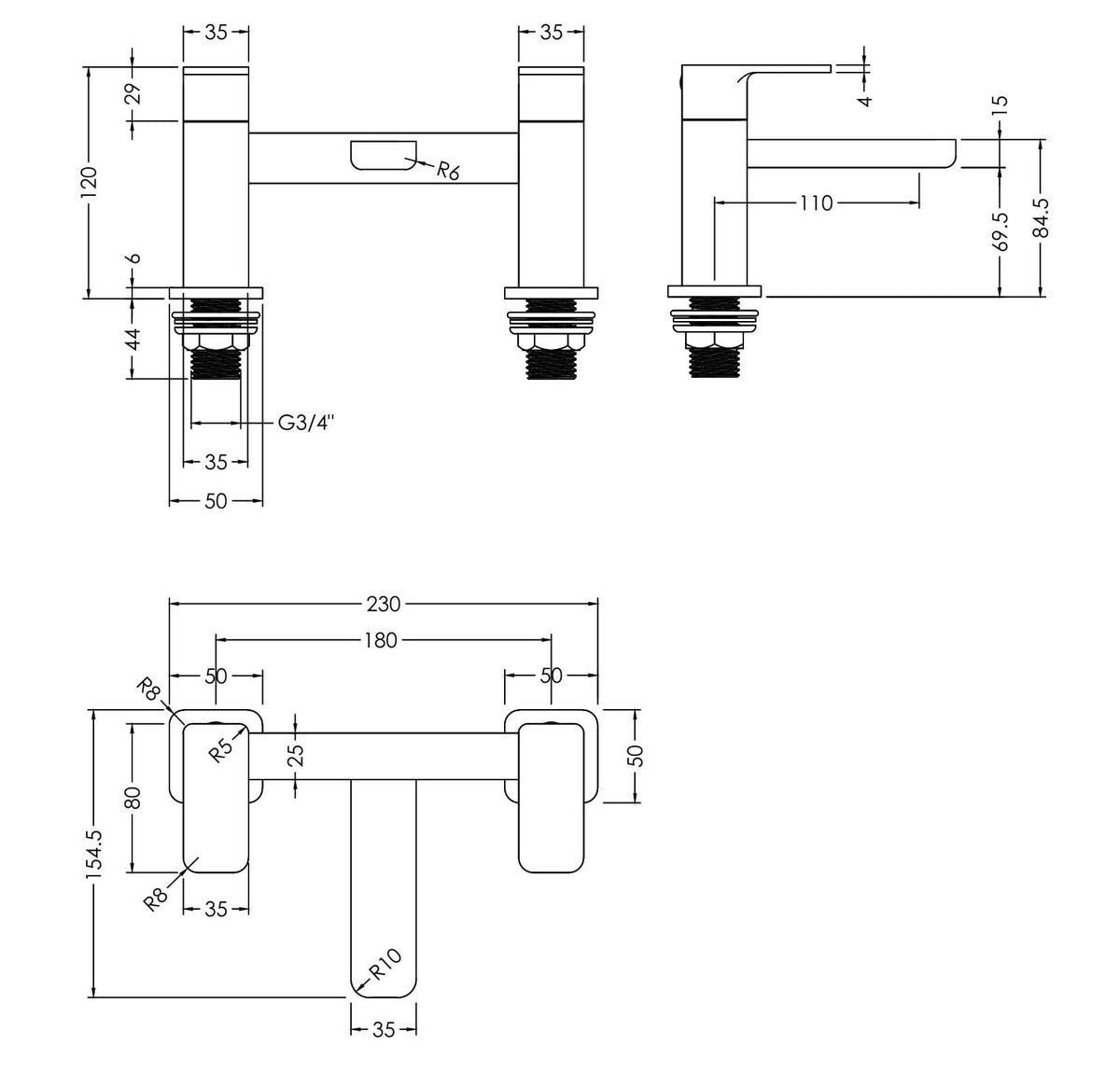 nuie Windon Matt Black Deck Mounted Bath Filler - Technical drawing