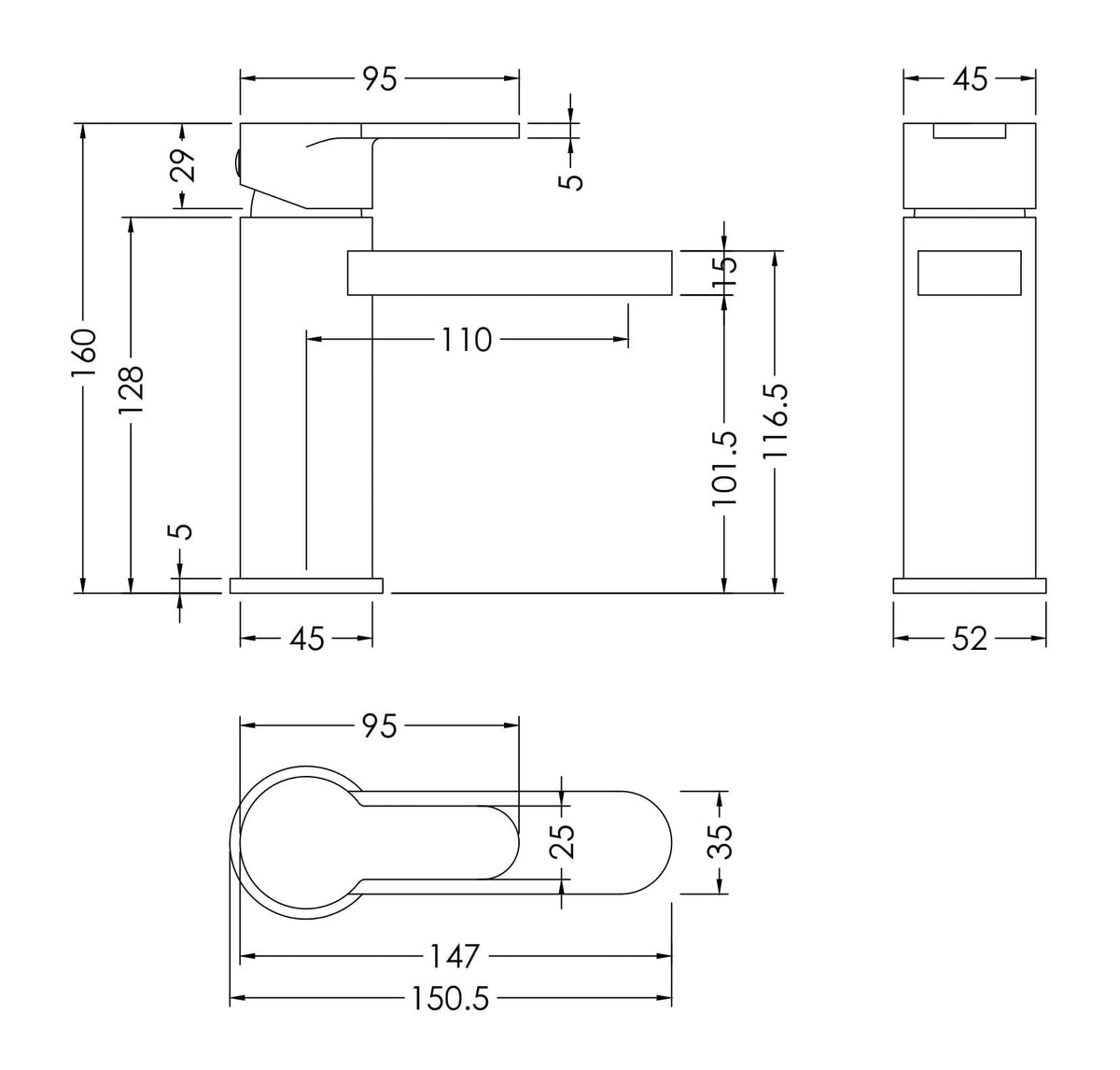 nuie Windon Brushed Brass Mono Basin Mixer With Push Button Waste - Technical drawing